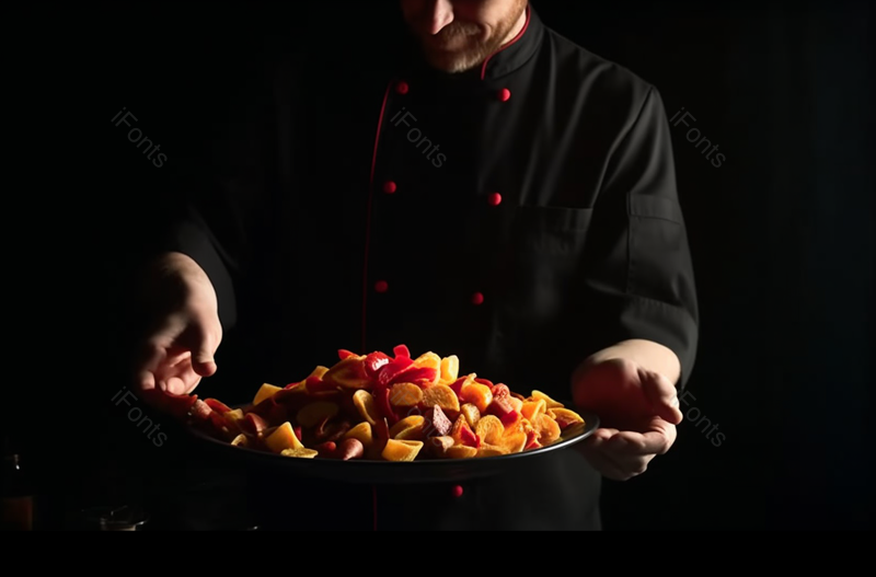 黑色厨师端着一碗土豆肉粒蔬菜食物美食摄影背景,高清,摄影图,摄影图片,图片大全,摄影图免费下载